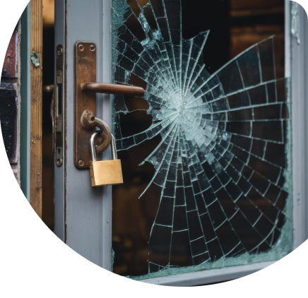 Shattered window glass panel being repaired